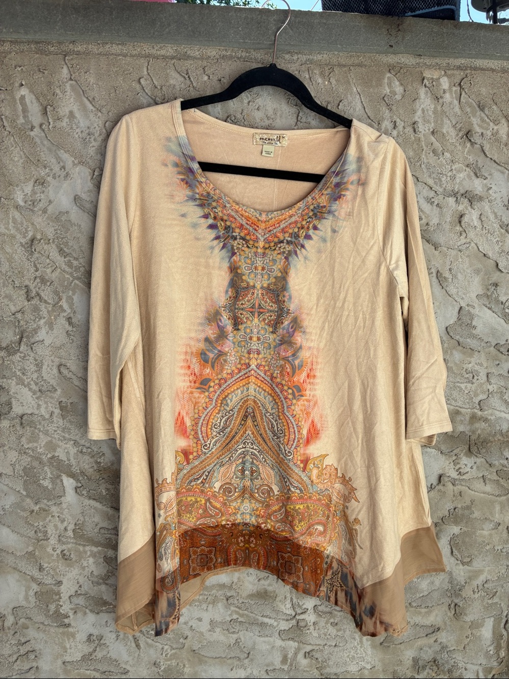 Hippie Boho Fairy Sueded 3/4 Sleeve Beige Tribal Paisley
Tunic Shark Bite Hem M